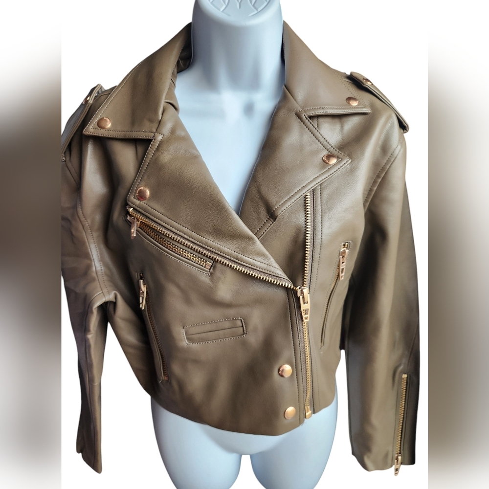 NWT BLANKNYC Head Over Heels Faux Leather Crop Moto Jacket Light Brown Size XS
